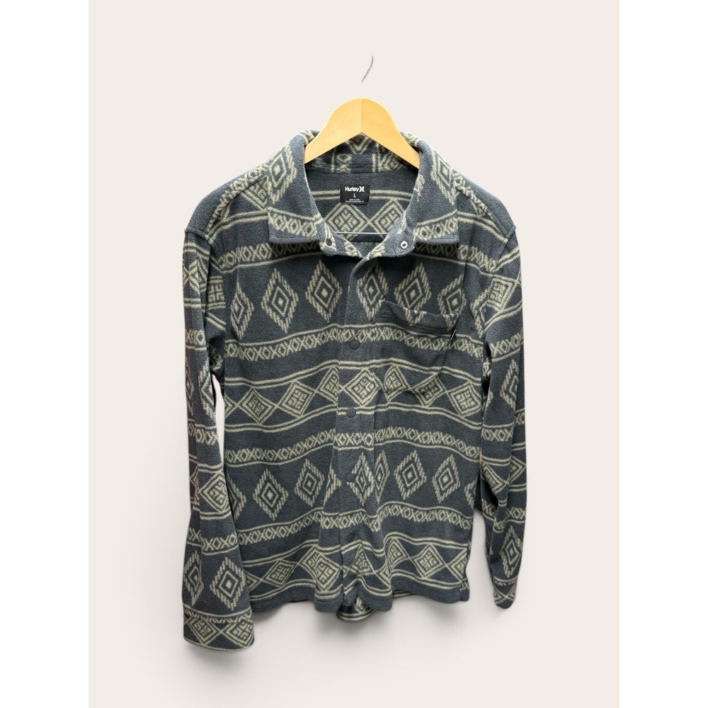 Hurley Mens Fleece Shacket Grey Geometric Tribal Pattern Snap Front Shirt Jacket